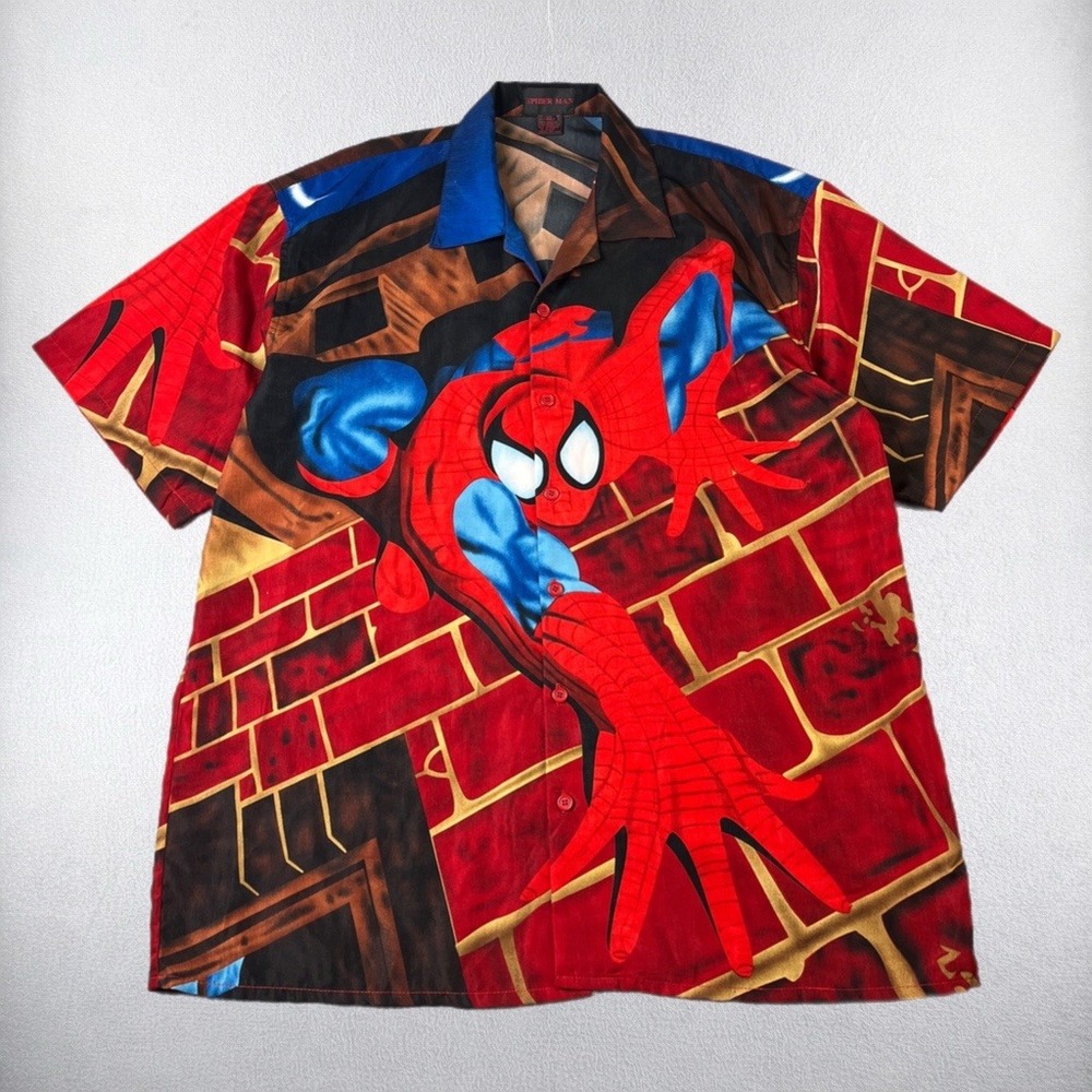 Vintage Spider Man Button Up Camp Shirt Mens XL Red All Over Print Marvel Comics